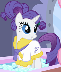 Size: 1220x1431 | Tagged: safe, imported from derpibooru, screencap, rarity, pony, unicorn, green isn't your color, bath, bathrobe, clothes, cropped, cute, female, hair up, mare, ponytail, ponyville spa, raribetes, robe, solo, spa