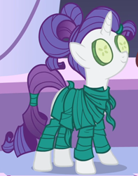 Size: 948x1205 | Tagged: safe, imported from derpibooru, screencap, rarity, pony, unicorn, green isn't your color, clothes, cropped, cucumber, female, food, hair up, mare, ponytail, ponyville spa, robe, seaweed wrap, solo, spa