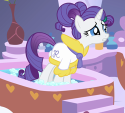 Size: 1546x1397 | Tagged: safe, imported from derpibooru, screencap, rarity, pony, unicorn, green isn't your color, bath, bathrobe, clothes, cropped, female, hair up, mare, ponytail, ponyville spa, robe, solo, spa, worried