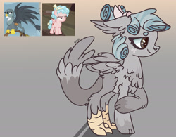 Size: 2103x1641 | Tagged: safe, artist:caramelbolt24, imported from derpibooru, cozy glow, gabby, oc, griffon, hippogriff, pegasus, pony, abstract background, crack ship offspring, ear fluff, female, filly, fusion, hippogriff oc, interspecies offspring, magical lesbian spawn, offspring, parent:cozy glow, parent:gabby, screencap reference, signature, wings