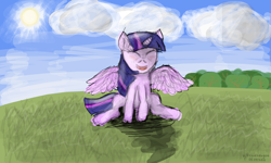 Size: 2500x1500 | Tagged: safe, imported from derpibooru, twilight sparkle, alicorn, pony, cloud, eyes closed, female, scenery, solo, spread wings, sun, twilight sparkle (alicorn), wings