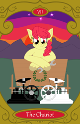 Size: 900x1400 | Tagged: safe, artist:sixes&sevens, imported from derpibooru, apple bloom, cart, ear piercing, earring, freckles, jewelry, motor, older, older apple bloom, piercing, sunset, tarot card, the chariot, wrench