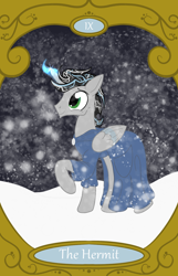 Size: 900x1400 | Tagged: safe, artist:sixes&sevens, imported from derpibooru, oc, oc:prince mentiad, alicorn, pony, alicorn oc, cloak, clothes, horn, snow, tarot card, the hermit, wings
