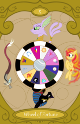 Size: 900x1400 | Tagged: safe, artist:sixes&sevens, imported from derpibooru, baast, discord, sunset shimmer, anubis, tarot card, wheel of fortune