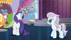 Size: 1920x1080 | Tagged: safe, imported from derpibooru, screencap, north point, rarity, pony, unicorn, canterlot boutique, butt, clothes, dress, female, in-spire-ation, magic, plot, rearity, telekinesis