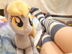 Size: 2000x1500 | Tagged: safe, artist:shyslutty, artist:sluttyshy, imported from derpibooru, derpy hooves, human, pegasus, pony, body pillow, clothes, female, fetish, irl, irl human, legs, long socks, mare, photo, plushie, plushophilia, socks, stocking feet, striped socks