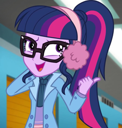 Size: 1029x1080 | Tagged: safe, imported from derpibooru, screencap, sci-twi, twilight sparkle, equestria girls, equestria girls series, holidays unwrapped, spoiler:eqg series (season 2), clothes, cropped, cute, earmuffs, female, glasses, open mouth, ponytail, self-storage facility, smiling, solo, twiabetes, winter break-in, winter outfit