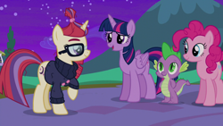 Size: 1280x720 | Tagged: safe, imported from derpibooru, screencap, moondancer, pinkie pie, spike, twilight sparkle, alicorn, dragon, earth pony, pony, unicorn, amending fences, clothes, female, glasses, male, mare, raised hoof, sweater, twilight sparkle (alicorn)