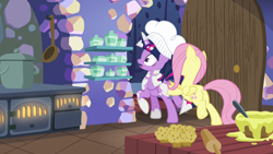 Size: 1280x720 | Tagged: safe, imported from derpibooru, screencap, fluttershy, twilight sparkle, alicorn, pegasus, pony, a health of information, butt, butt touch, chef's hat, duo, female, flour, hat, hoof on butt, mare, plot, pushing, twilight sparkle (alicorn)