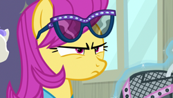 Size: 1280x720 | Tagged: safe, imported from derpibooru, screencap, pursey pink, earth pony, pony, fake it 'til you make it, female, glare, glasses, mare, solo, squint