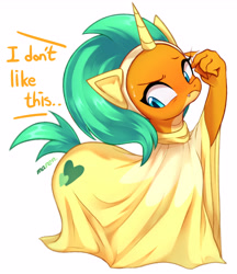 Size: 3200x3700 | Tagged: safe, alternate version, artist:maren, imported from derpibooru, smolder, dragon, pony, unicorn, horse play, blushing, clothes, costume, dialogue, dragoness, female, high res, pony costume, prosthetic butt, simple background, solo, stage, sweat, sweatdrops, white background