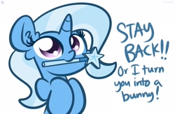 Size: 1920x1253 | Tagged: dead source, safe, artist:kimjoman, artist:php142, imported from derpibooru, trixie, pony, unicorn, cute, diatrixes, ear fluff, female, hnnng, kimjoman is trying to murder us, looking up, magic wand, mare, mouth hold, nom, simple background, smiling, solo, text, threat, wand, weapons-grade cute, white background