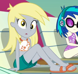 Size: 442x422 | Tagged: safe, imported from derpibooru, screencap, derpy hooves, dj pon-3, vinyl scratch, equestria girls, spring breakdown, beach shorts swimsuit, bikini, bikini top, close-up, clothes, cropped, cute, derpabetes, feet, female, headphones, legs, one-piece swimsuit, sandals, short pants, shorts, swimming trunks, swimsuit