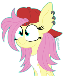 Size: 1211x1452 | Tagged: safe, artist:puperhamster, imported from derpibooru, fluttershy, pegasus, pony, 90s grunge fluttershy, alternate hairstyle, baseball cap, cap, ear piercing, female, hat, mare, piercing, simple background, smiling, solo, transparent background