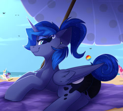 Size: 1650x1500 | Tagged: safe, artist:shadowreindeer, imported from derpibooru, pinkie pie, princess celestia, princess luna, twilight sparkle, alicorn, pony, adorasexy, beach, beach ball, beach umbrella, book, butt, connor, connor luna, cute, detroit: become human, earbuds, ethereal mane, featureless crotch, female, headphones, looking at you, looking back, looking back at you, lying down, mare, moonbutt, ocean, plot, ponytail, prone, sexy, smiling, solo focus, starry mane