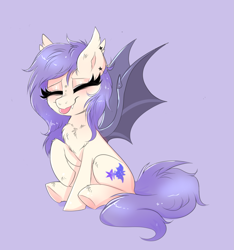 Size: 2153x2304 | Tagged: safe, artist:confetticakez, imported from derpibooru, oc, oc only, oc:star violet, bat pony, pony, :p, bat pony oc, bat wings, chest fluff, cute, cute little fangs, eyes closed, fangs, female, mare, piercing, simple background, sitting, solo, tongue out, underhoof, wings