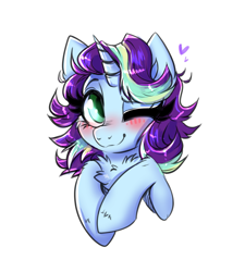 Size: 1725x1920 | Tagged: safe, artist:confetticakez, imported from derpibooru, oc, oc only, oc:moonlight glisten, pony, unicorn, blushing, chest fluff, female, mare, one eye closed, simple background, solo, white background, wink