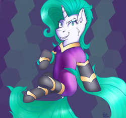 Size: 3128x2914 | Tagged: safe, artist:legionsunite, imported from derpibooru, mane-iac, oc, oc only, oc:magenta pulse, pony, unicorn, bodysuit, clothes, cosplay, costume, evil grin, female, grin, mare, simple background, smiling, smirk, solo, tentacle hair