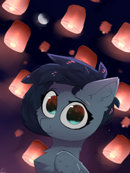 Size: 1500x2000 | Tagged: safe, artist:glazirka, imported from derpibooru, oc, oc only, pegasus, pony, bust, cheek fluff, chest fluff, ear fluff, lantern, looking at you, moon, night, paper lantern, portrait, smiling, solo