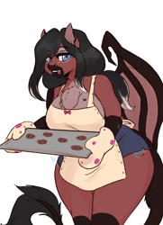 Size: 1500x2070 | Tagged: safe, artist:arnachy, imported from derpibooru, oc, oc only, oc:lady lovegreen, anthro, dracony, dragon, hybrid, pony, anthro oc, apron, chest fluff, clothes, cookie, curvy, digital art, fangs, female, food, mare, milf, mother, oven mitts, scar, shorts, simple background, slit eyes, slit pupils, smiling, solo, torn ear, tray, wide hips