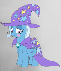 Size: 720x840 | Tagged: safe, artist:mj455, imported from derpibooru, trixie, pony, unicorn, belly, big belly, blushing, cape, clothes, cute, diatrixes, female, gem, hat, kicking, mare, pregnant, pregxie, smiling, trixie's cape, trixie's hat