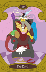 Size: 900x1400 | Tagged: safe, artist:sixes&sevens, imported from derpibooru, discord, chaos, collar, cup, discorded landscape, food, grapes, tarot card, teacup, the devil, throne