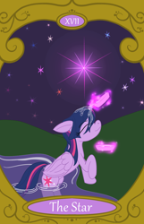 Size: 900x1400 | Tagged: safe, artist:sixes&sevens, imported from derpibooru, twilight sparkle, alicorn, pony, female, lake, levitation, magic, pouring, solo, stars, tarot card, telekinesis, the star, twilight sparkle (alicorn), water, wet, wet mane, wet mane twilight sparkle