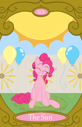 Size: 900x1400 | Tagged: safe, artist:sixes&sevens, imported from derpibooru, pinkie pie, balloon, eyes closed, noisemaker, persona, sun, tarot card, the sun