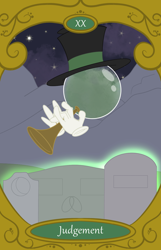 Size: 900x1400 | Tagged: safe, artist:sixes&sevens, imported from derpibooru, oc, oc:orb, draconequus, draconequus oc, gravestone, graveyard, hat, judgement, mountain, mountain range, musical instrument, tarot card, top hat, trumpet