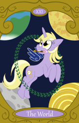 Size: 900x1400 | Tagged: safe, artist:sixes&sevens, imported from derpibooru, dinky hooves, pony, unicorn, doctor who, earth, female, mare, moon, older, older dinky hooves, planet, sonic screwdriver, space, sun, tarot card, the world, time vortex