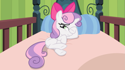 Size: 1550x876 | Tagged: safe, artist:sollace, derpibooru exclusive, imported from derpibooru, sweetie belle, pony, unicorn, somepony to watch over me, .svg available, accessory swap, apple bloom's bed, apple bloom's bow, bed, bow, butt, cute, diasweetes, female, hair bow, hoof over eye, looking at you, lying down, lying on bed, nervous, on bed, plot, raised hoof, scrunchy face, show accurate, sleepy, solo, svg, vector, wiping, wiping eye