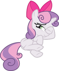 Size: 3000x3588 | Tagged: safe, artist:sollace, derpibooru exclusive, imported from derpibooru, sweetie belle, pony, unicorn, somepony to watch over me, .svg available, accessory swap, apple bloom's bow, bed, bow, butt, cute, diasweetes, female, filly, foal, hair bow, high res, hoof over eye, looking at you, lying down, lying on bed, nervous, on bed, plot, raised hoof, scrunchy face, show accurate, simple background, sleepy, solo, svg, transparent background, vector, wiping, wiping eye