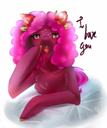 Size: 1812x2160 | Tagged: safe, artist:ellis_sunset, imported from derpibooru, oc, oc only, earth pony, pony, chest fluff, earth pony oc, food, freckles, lying down, mouth hold, prone, solo, strawberry, talking