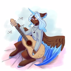 Size: 2158x2160 | Tagged: safe, artist:ellis_sunset, imported from derpibooru, oc, oc only, alicorn, pony, alicorn oc, bandaid, clothes, colored hooves, guitar, heterochromia, horn, jewelry, musical instrument, necklace, signature, sitting, solo, two toned wings, wings, yin-yang