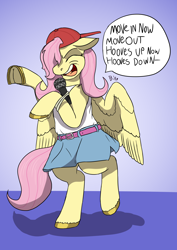 Size: 2480x3507 | Tagged: safe, artist:mcsplosion, imported from derpibooru, fluttershy, 90s grunge fluttershy, bipedal, flutterdurst, fred durst, frog (hoof), gameloft, gameloft interpretation, insistent terminology, limp bizkit, microphone, nu metal, underhoof