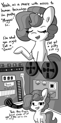 Size: 3000x6000 | Tagged: safe, artist:tjpones, imported from derpibooru, oc, oc only, oc:brownie bun, earth pony, pony, horse wife, computer, eniac, female, film reel, grayscale, mare, monochrome, solo, univac