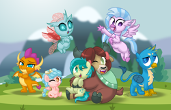 Size: 1920x1243 | Tagged: safe, artist:aleximusprime, imported from derpibooru, cozy glow, gallus, ocellus, sandbar, silverstream, smolder, yona, changedling, changeling, dragon, earth pony, griffon, hippogriff, pegasus, pony, yak, aleximusprime is trying to murder us, chibi, chubby, cozybetes, crossed arms, cute, diaocelles, diastreamies, female, floating wings, flying, gallabetes, hug, hug from behind, looking at each other, looking at you, male, one eye closed, one of these things is not like the others, sandabetes, shipping, smolderbetes, straight, student six, students, super deformed, wings, wink, yonabar, yonadorable