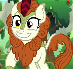 Size: 760x724 | Tagged: safe, imported from derpibooru, screencap, autumn blaze, kirin, sounds of silence, awwtumn blaze, big smile, cropped, cute, female, grin, raised hoof, smiling, solo, teeth