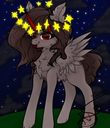 Size: 608x706 | Tagged: safe, artist:nel_liddell, imported from derpibooru, oc, oc only, alicorn, pony, :p, alicorn oc, chest fluff, ear fluff, horn, night, outdoors, signature, solo, stars, tongue out, wings