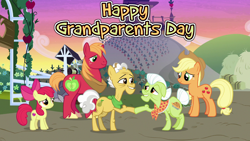 Size: 1280x720 | Tagged: safe, imported from derpibooru, apple bloom, applejack, big macintosh, grand pear, granny smith, the perfect pear, family, grandparents and grandchildren, grandparents day, sweet apple acres