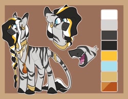 Size: 1101x851 | Tagged: safe, artist:rockin_candies, imported from derpibooru, oc, oc only, oc:khaari, pony, zebra, bracelet, braid, ear piercing, earring, fangs, jewelry, male, necklace, piercing, pouch, reference sheet, solo, stripes