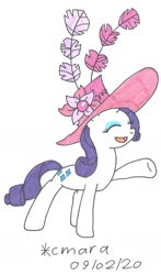 Size: 898x1523 | Tagged: safe, artist:cmara, imported from derpibooru, rarity, pony, unicorn, eyes closed, eyeshadow, female, giant hat, hat, makeup, mare, open mouth, raised hoof, simple background, solo, traditional art, white background