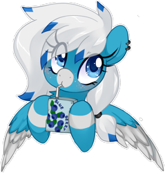 Size: 1524x1594 | Tagged: safe, artist:loyaldis, imported from derpibooru, oc, oc only, oc:freezing blizzard, pegasus, pony, commission, cute, ear piercing, eye clipping through hair, female, highlights, juice, juice box, piercing, simple background, solo, transparent background, ych result