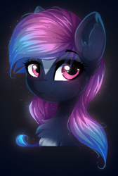 Size: 728x1084 | Tagged: safe, artist:a-lunar-eclipse, imported from derpibooru, oc, oc only, oc:astral, pony, bust, chest fluff, ear fluff, eye clipping through hair, female, looking at you, mare, portrait, smiling, solo