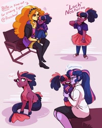 Size: 1920x2400 | Tagged: safe, artist:overlordneon, imported from derpibooru, adagio dazzle, sci-twi, twilight sparkle, oc, oc:loch nocturne, half-siren, hybrid, pony, siren, unicorn, equestria girls, adagilight, affection, boots, breasts, cleavage, clothes, converse, crying, curved horn, disguise, disguised siren, dress, female, fishnets, glasses, hairband, hoodie, horn, hybrid oc, jacket, jeans, jewelry, kissing, knee-high boots, large voluminous hair, laughing, lesbian, magical lesbian spawn, messy mane, necklace, offspring, pants, parent:adagio dazzle, parent:sci-twi, parents:adagilight, parents:scitwidagio, ponytail, scidagio, scitwidagio, shipping, shoes, siren oc, sneakers, spikes, thigh boots, time out