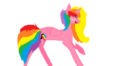 Size: 750x394 | Tagged: safe, artist:pawstheartest, imported from derpibooru, oc, oc only, oc:rainbow melody, alicorn, pony, alicorn oc, eyes closed, horn, multicolored hair, rainbow hair, raised hoof, simple background, smiling, solo, white background, wings