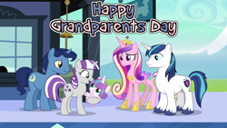 Size: 1280x720 | Tagged: safe, imported from derpibooru, night light, princess cadance, princess flurry heart, shining armor, twilight velvet, the crystalling, crystal empire, family, female, grandfather and grandchild, grandfather and granddaughter, grandmother and grandchild, grandmother and granddaughter, grandparents and grandchildren, grandparents day, male