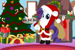 Size: 1024x691 | Tagged: artist needed, safe, imported from derpibooru, rarity, pony, unicorn, belt, bipedal, boots, candle, chimney, christmas, christmas stocking, christmas tree, clothes, costume, fake beard, female, fireplace, hat, ho ho ho, holiday, looking at you, mare, present, sack, santa beard, santa claus, santa costume, santa hat, santa sack, shoes, solo, tree, wreath