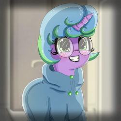 Size: 1400x1400 | Tagged: safe, artist:crimsonsky, artist:undisputed, imported from derpibooru, oc, oc only, oc:lightheart trot, pony, unicorn, blushing, clothes, cute, female, glasses, mare, smiling, solo