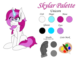 Size: 8000x6000 | Tagged: safe, artist:skylarpalette, imported from derpibooru, oc, oc only, oc:skylar palette, pony, unicorn, cheek fluff, chest fluff, clothes, cute, cutie mark, ear fluff, female, fluffy, glasses, happy, hoodie, horn, looking up, magic, mare, pink mane, reference sheet, simple background, sitting, solo, unicorn oc, white background, white fur